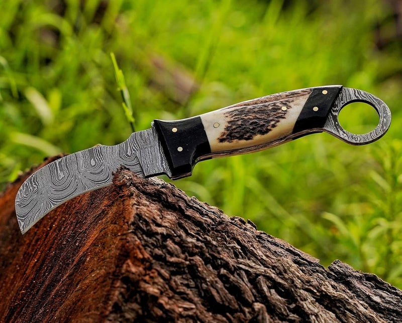 BE BREAK EDGE Handmade Damascus Steel,Deer Antler handle fixed blade knife with Leather sheath, Heavy Duty Utility Knife,Skinning knife for professional. - Image 3